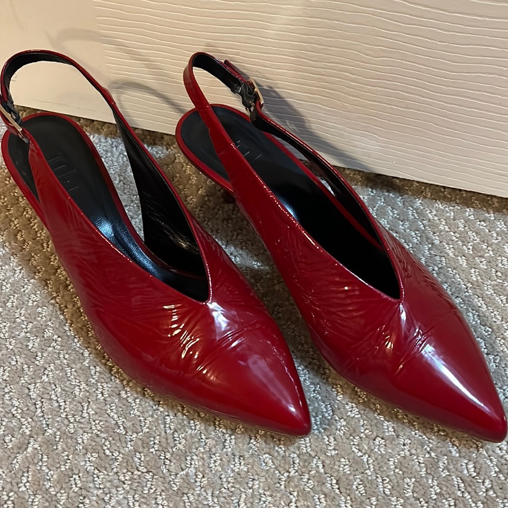 Tibi red patent leather crinkle sling backs